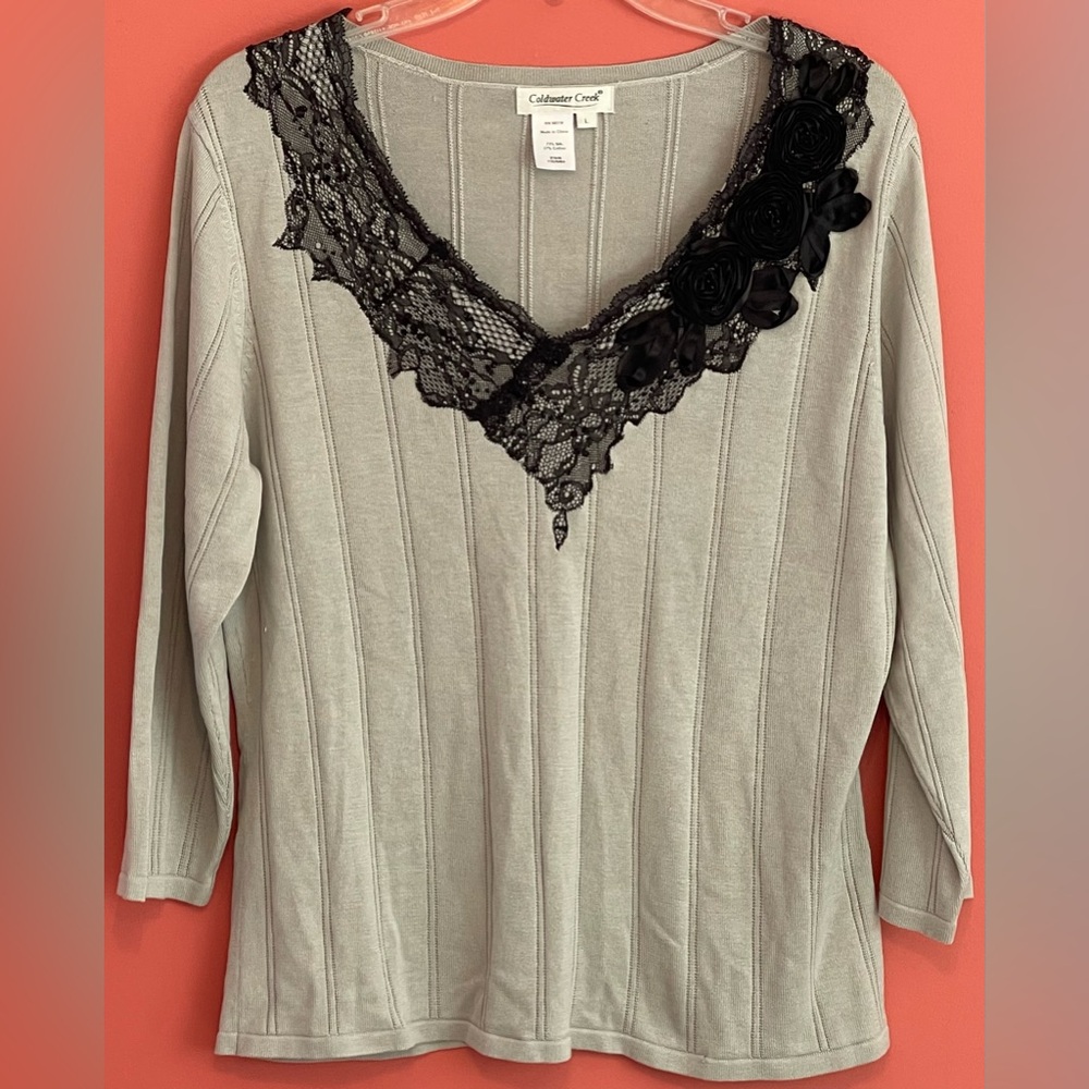 Coldwater Creek Gray Lightweight Sweater with Black Lace Accent